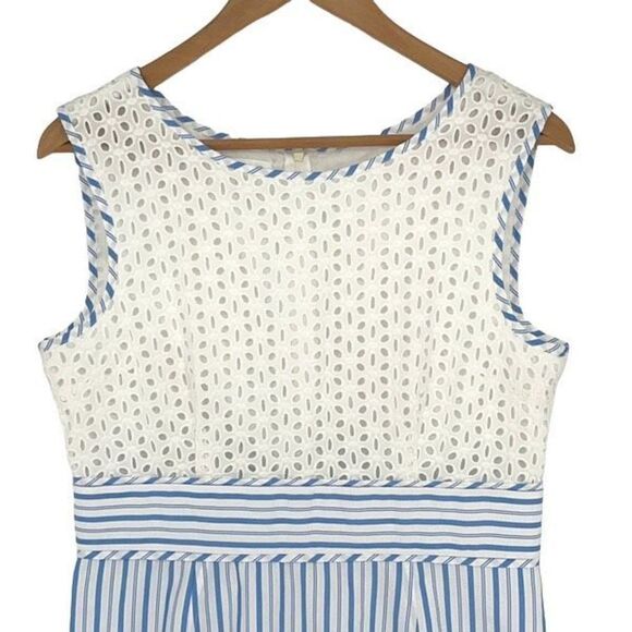 London‎ Times Women's Sleeveless Laced Stripe Eyelet Dress White Blue Size 12 - Picture 2 of 10